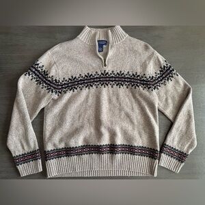 Roundtree & Yorke Beige Tan Brown Fair Isle Sweater Pullover 1/4 Zip L